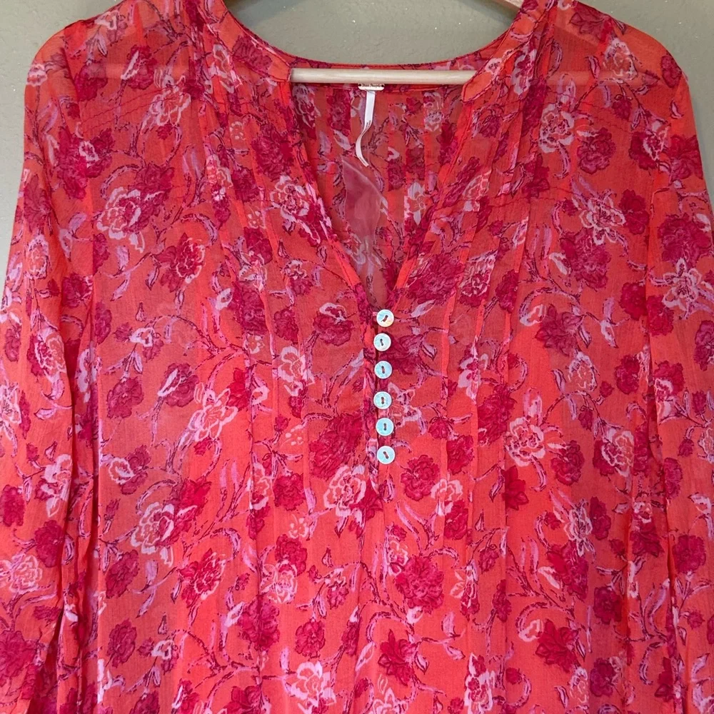 Free People Coral See It Through Flowy Long Sleeve Maxi Dress Size Small